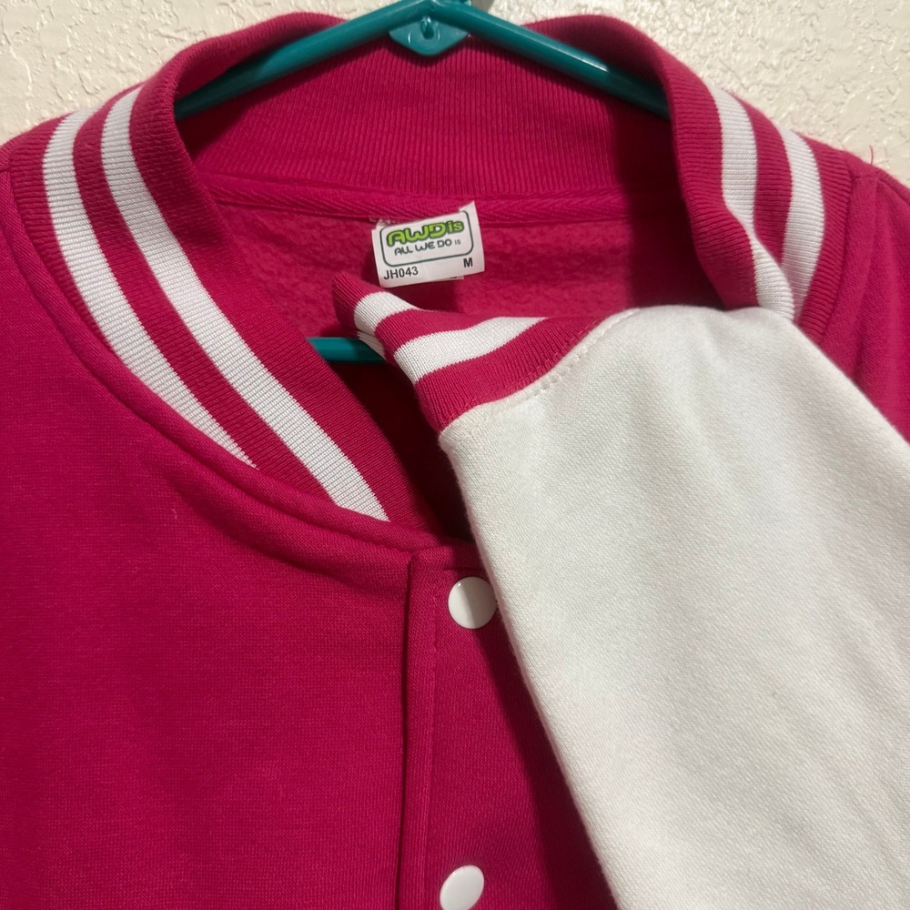 AWDIS‎ Just Cool JH043 Varsity Jacket Pink White Striped Collar Cuffs Size M